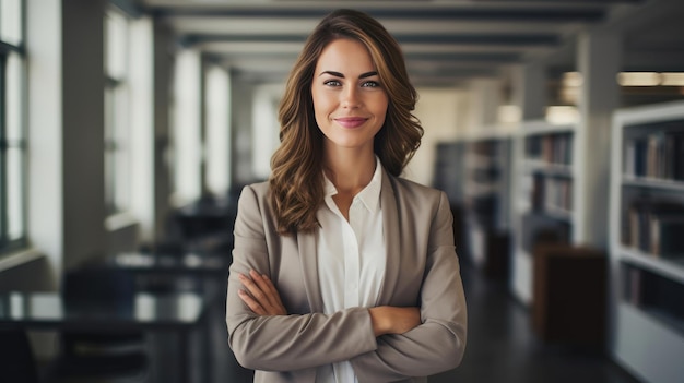 Professionele vrouw in haar kantoor glimlachend