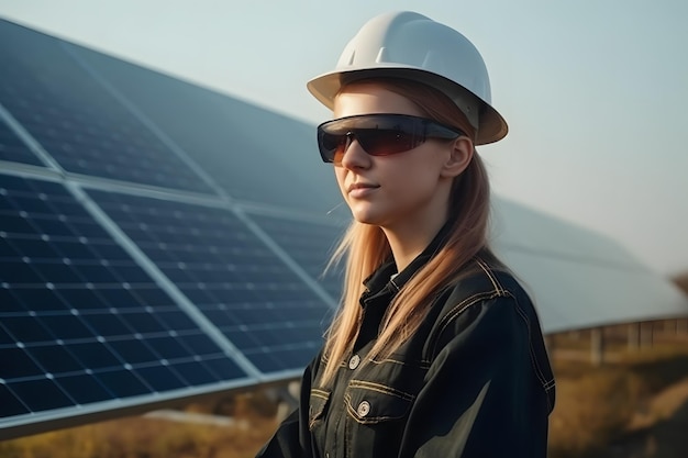 Professionele vrouw ingenieur wegkijken met plezier glimlach terwijl u werkt op ecologisch groen veld met zonnepanelen Photovoltaic power station concept Generatieve ai