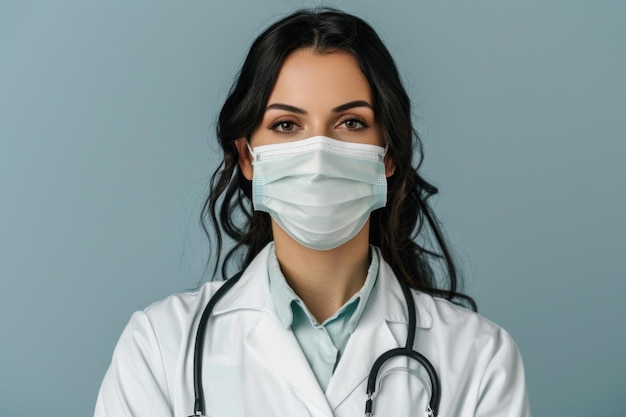 Professionele vrouwelijke arts met een beschermend chirurgisch masker en stethoscoop als symbool voor medische veiligheid en gezondheidszorg in moeilijke tijden tegen een neutrale achtergrond