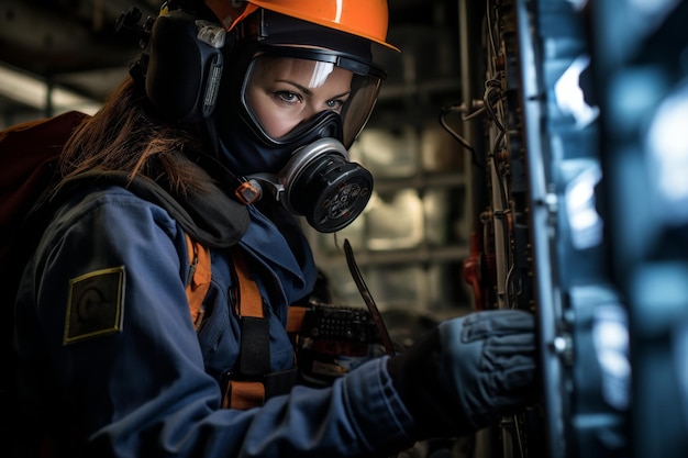 Professionele vrouwelijke elektricien die vakkundig de lontdoos hanteert met veiligheidsuitrusting aan