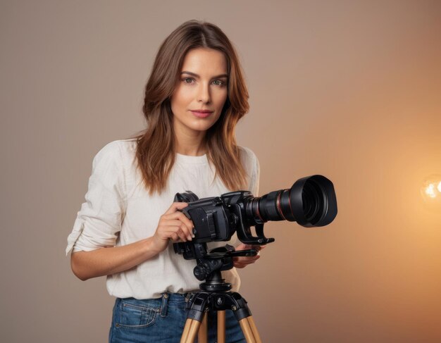 Professionele vrouwelijke fotograaf met een DSLR-camera in een studio verlicht door een schijnwerper