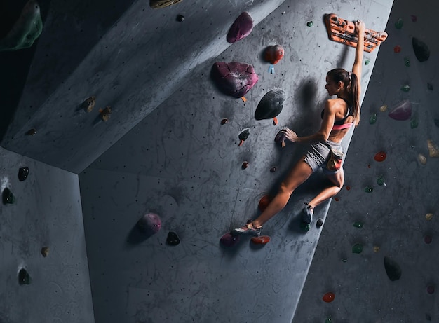 Professionele vrouwelijke klimmer die aan de bouldermuur hangt, oefen binnenshuis klimmen.