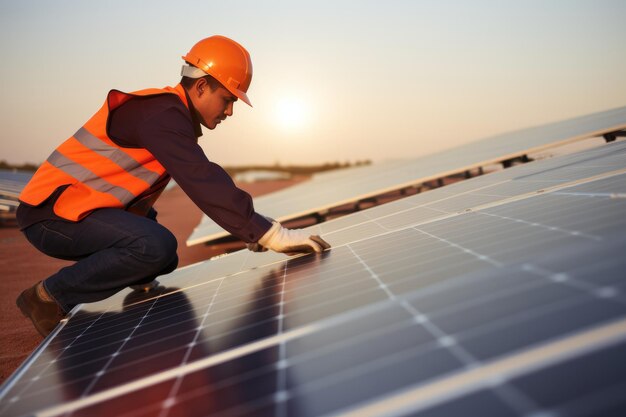 Foto professionele werknemer die fotovoltaïsche zonnepanelen op het dak installeert alternatieve energieconcept