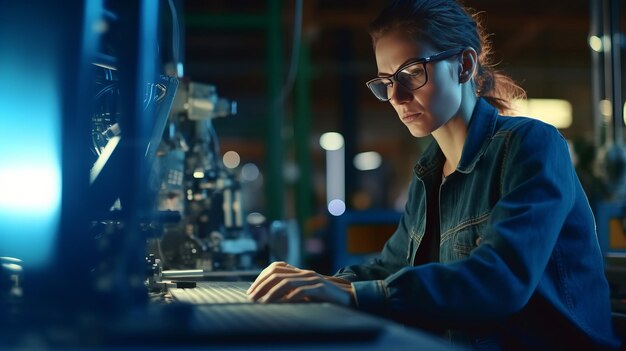 Professionele werknemer die laptop gebruikt voor het controleren van de machine in de verwerkende industrie