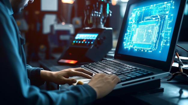 Professionele werknemer die laptop gebruikt voor het controleren van de machine in de verwerkende industrie