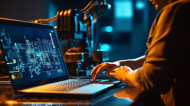 Professionele werknemer die laptop gebruikt voor het controleren van de machine in de verwerkende industrie