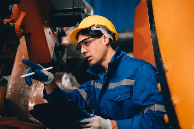 Professionele werknemer onderhoud machine robotarmen industriële machines Technicus werkt