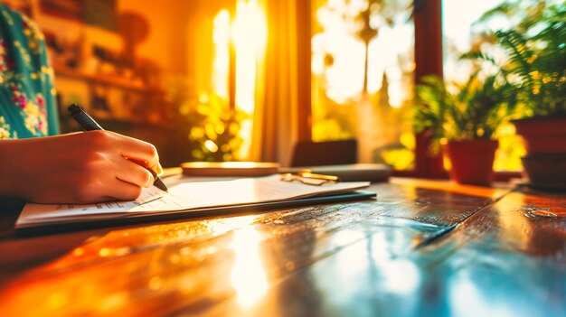 Foto professionele werkplaats closeup van handschrijven op notebook bij zakelijk bureau