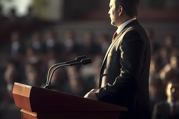 Professionele zakenman die een toespraak houdt op een podium met microfoon i