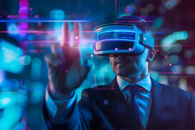 Professionele zakenman draagt een VR-bril en presenteert werk in de virtuele wereld technologie concept