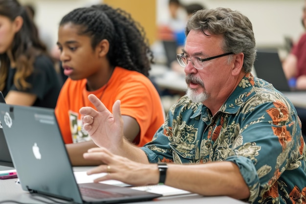 Photo professor assisting college student with laptop in classroom during computer lesson teacher talking