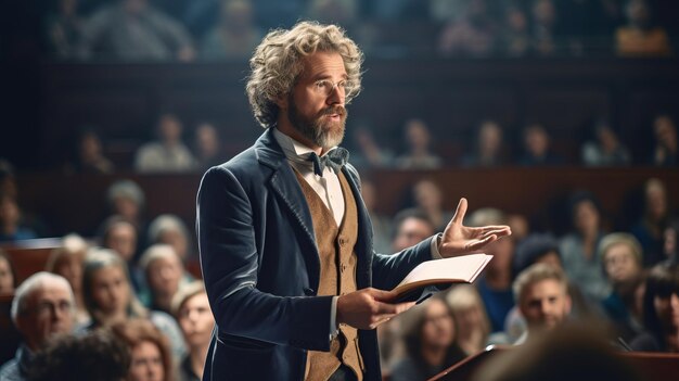 Foto il professore sta tenendo una lezione agli studenti in un grande auditorium a più livelli