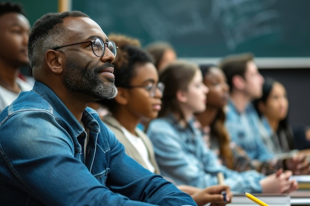 Professor teaching multiracial students sitting in classroom