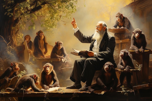 A professor in the wild gives a lecture to monkeys who listen attentively The concept of poor learning the inability to assimilate educational material AI generation