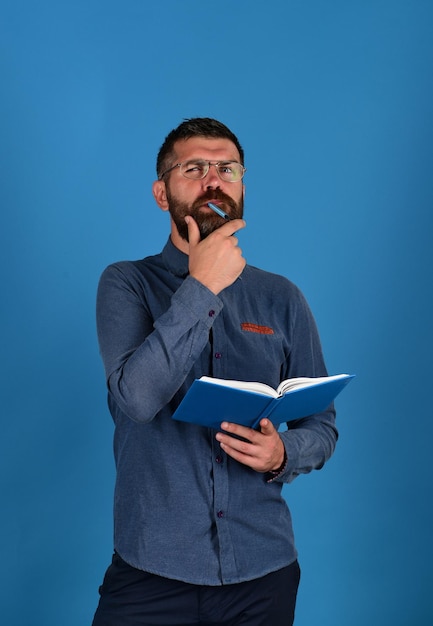 Professor with thinking face Textbook in blue color