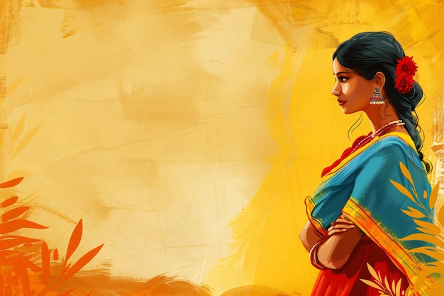 Profiel van een Indiase vrouw in traditionele kleding met een feestelijke achtergrond Gudi Padwa banner concept