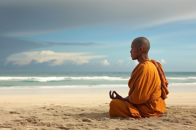Profiel van een monnik die mediteert op een zandstrand