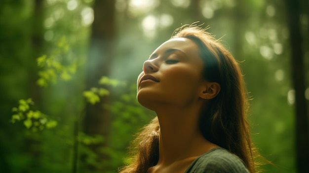 Profiel van een ontspannen vrouw die frisse lucht inademt in een groen bos