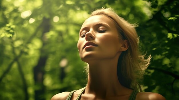 Profiel van een ontspannen vrouw die frisse lucht inademt in een groen bos