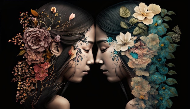 Profiel van een paar met hun gezichten samen en omringd door bloemen op een zwarte achtergrond Relatie en liefde concept Generatieve AI