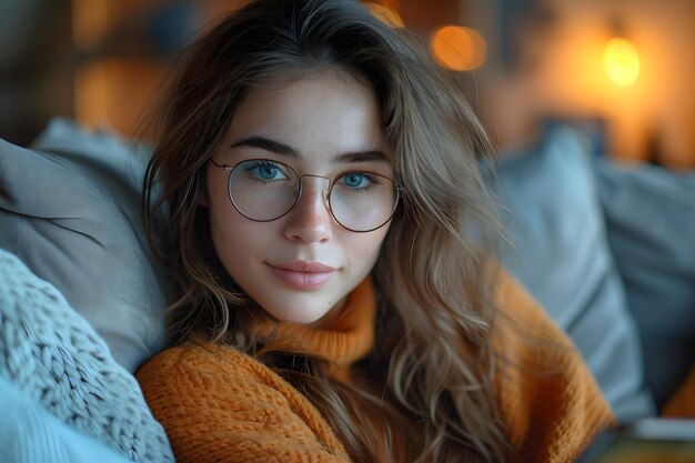 Profielfoto van een aardige dame die op de bank zit met haar arm aan de kin in de woonkamer.