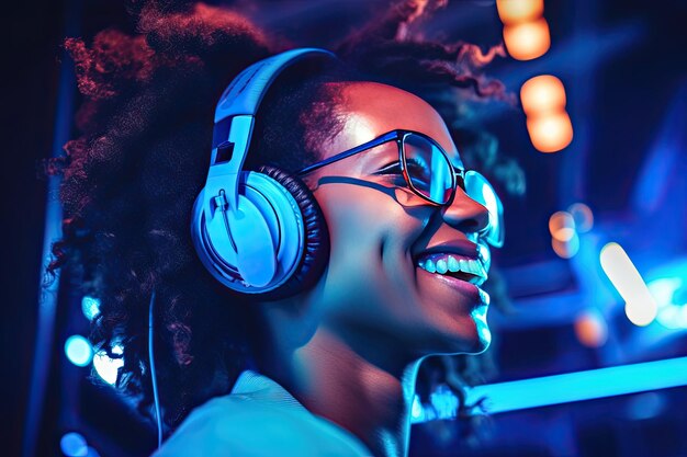 Profile of african American lady wearing headphones listening music in neon light