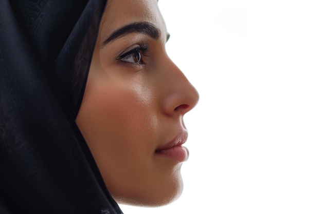 白い背景に隔離された完璧な皮膚を持つアラブ人のサウジアラビア人の女性の顔のプロフィール