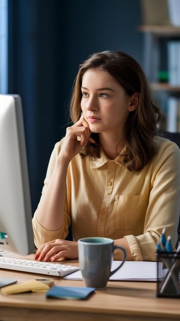 Photo profile of attractive concentrated young european female blogger or columnist sitting at her workpl