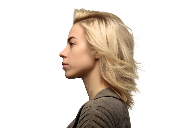 白い背景に分離されたブロンドの髪を持つ美しい若い女性のプロフィール