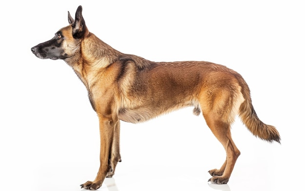 The profile of a Belgian Shepherd Malinois standing alert displaying its lean muscles and attentive posture