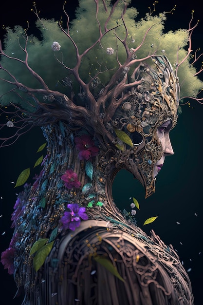 Profile biocyborg tree empress made of bone and metal mechanisms and trees and moss and vines and small flowers AIGenerated