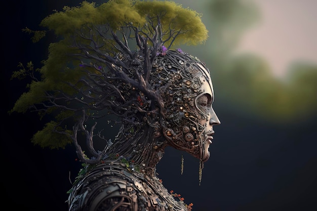 Profile biocyborg tree empress made of bone and metal mechanisms and trees and moss and vines and small flowers AIGenerated