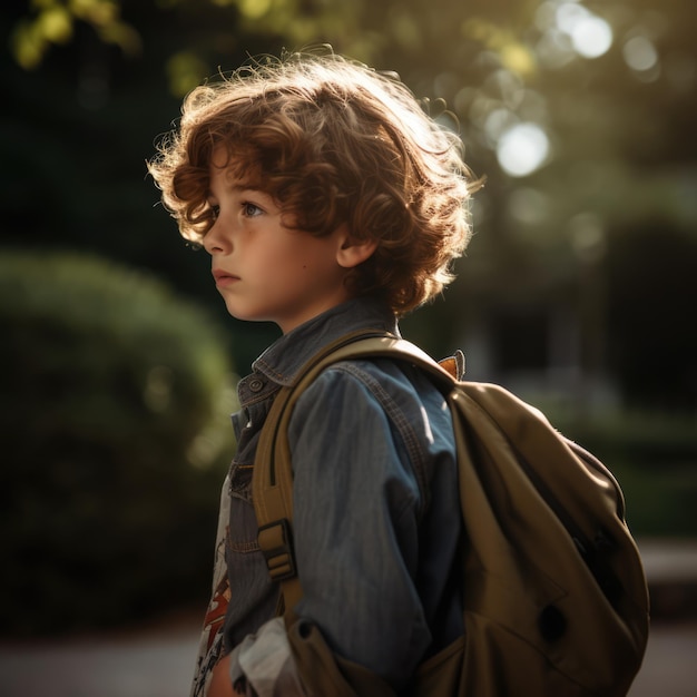 Profile of caucasian schoolboy in sunny street created using generative ai technology