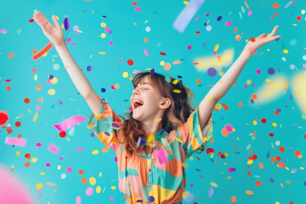 Profile of cheerful girl celebrating success on vibrant blue background