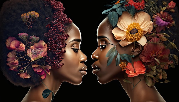 Profile of a couple with their faces together and surrounded by flowers on a black background Relationship and love concept Generative AI