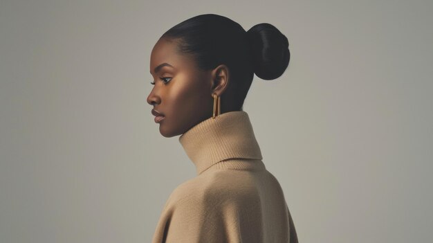 Profile of an elegant woman with a highneck sweater and golden earrings exuding sophistication