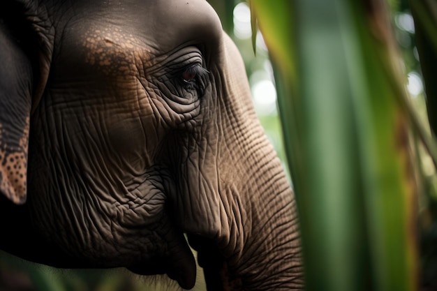Profile of an elephants face framed by jungle palms