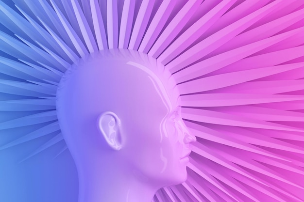 Photo profile of a female head with a stylized iroquois of petals in ultraviolet blue and pink light. 3d illustration