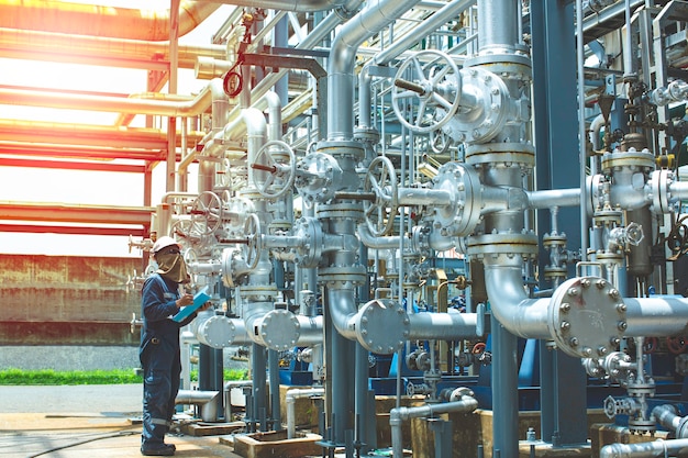 Photo profile of male worker checks to tighten the valve and using record drawing while standing refinery plant equipment for pipeline oil and gas valves at gas plant pressure safety valve selective