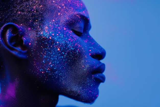 Profile of a man adorned with cosmic blue and magenta holi paint