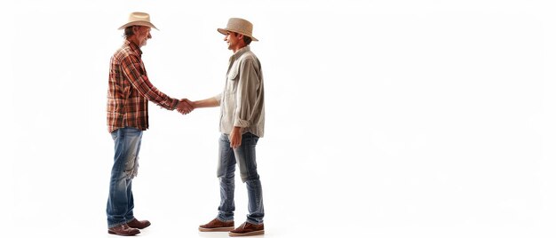 The profile of a mature farmer shaking hands with a young casual man is isolated on a white background