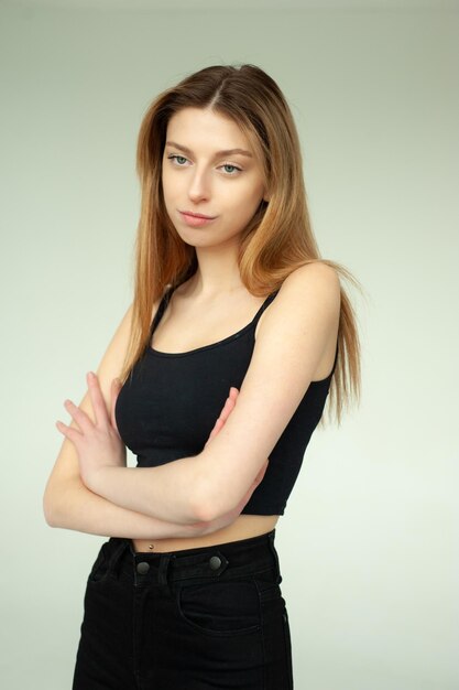 Photo profile model test polaroid pretty woman with perfect figure standing on white background