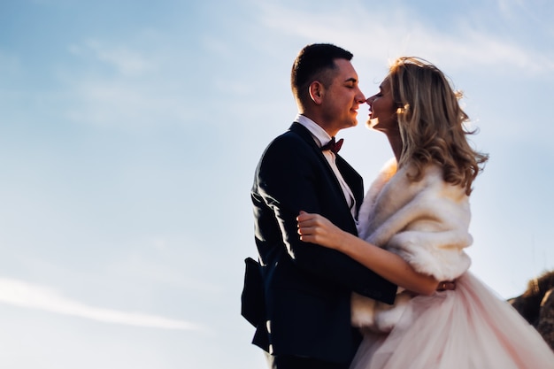 Profile of the newlyweds in each others arms on a background of cliffs and sky