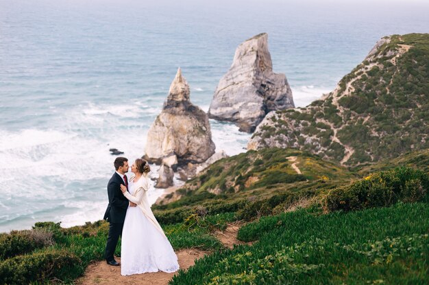 Profile newlyweds in each others arms on the background of the ocean and cliffs