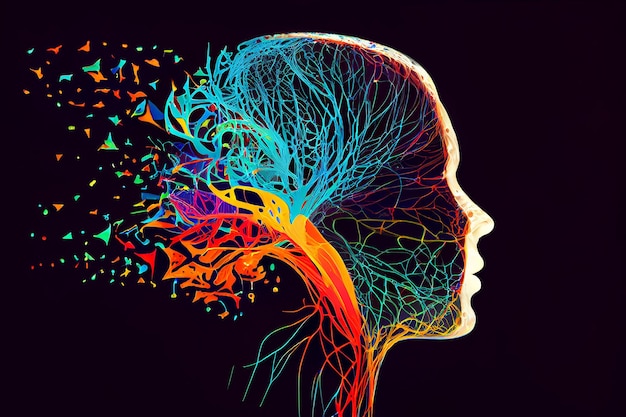 Профиль головы человека с красочным символом нейронов и ментальных волн генеративный ии