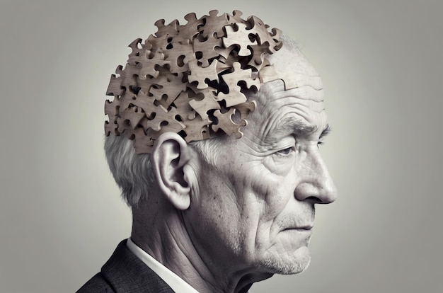 Profile of old man with puzzled head illustrated in black and white