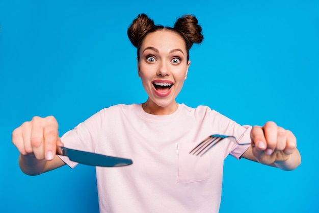 Profile photo of funny excited girl hold cutlery prepare eat food