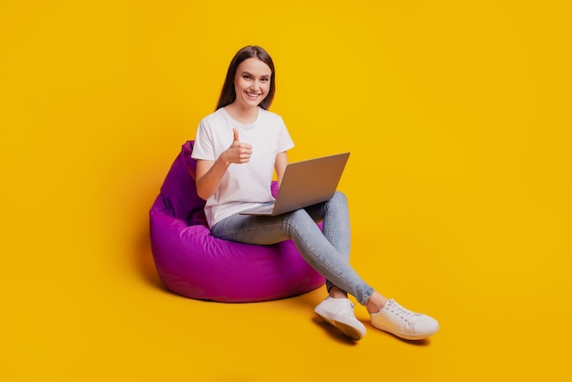 Profile photo of lady sit beanbag work laptop raise thumb up wear white t-shirt posing on yellow background