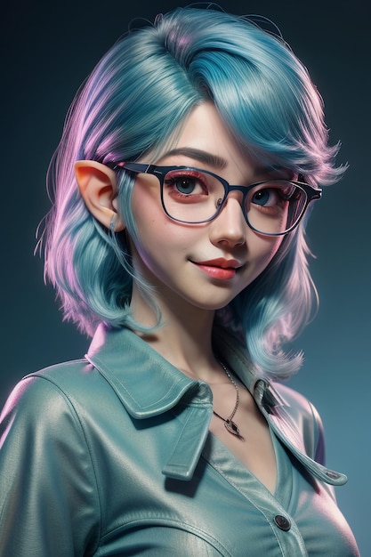 Foto foto del profilo di una giovane e bella donna che indossa occhiali, capelli azzurri, orecchie lunghe come gli elfi