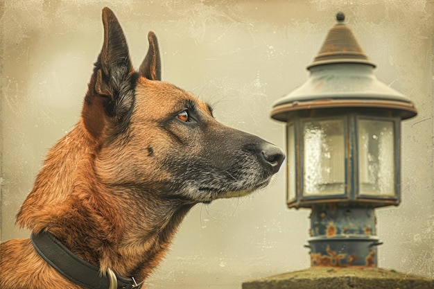 Photo profile portrait of alert belgian malinois dog with black collar near vintage street lamp on